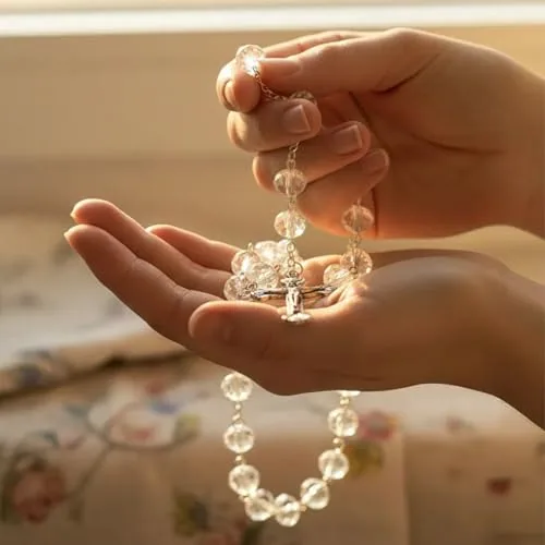 Clear Crystal Bead Communion Rosary, 21 Inch