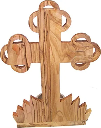 Olive Wood Table Crucifix with Holy Water Font