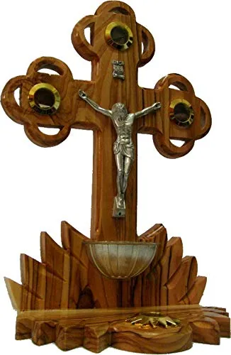 Olive Wood Table Crucifix with Holy Water Font view 3