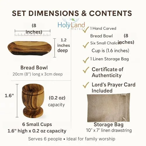Olive Wood Communion Set, Oval Bowl and Six Cups