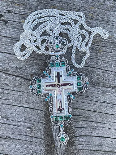 Silver-Plated Pectoral Cross with Green Stones view 2