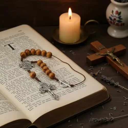 St. Benedict Car Mirror Rosary, Wood Beads view 3