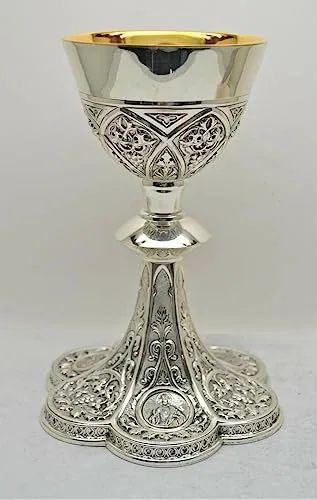 Gothic Silver Plated Chalice and Paten, Holy Family Panels