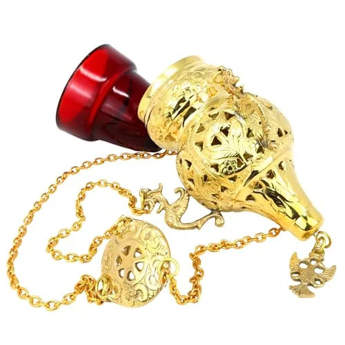 Needzo Brass Sanctuary Lamp with Red Glass, 16 in Chain