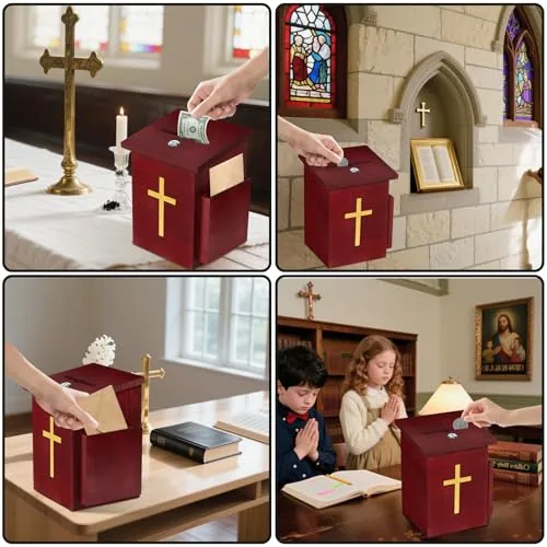 Amcortn Wood Offering Box with Lock and Cross view 2