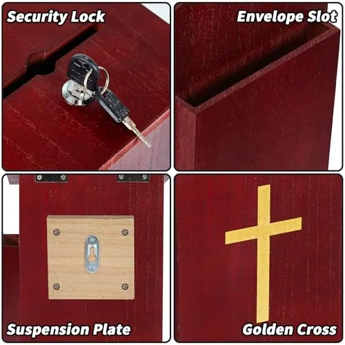 Amcortn Wood Offering Box with Lock and Cross view 5