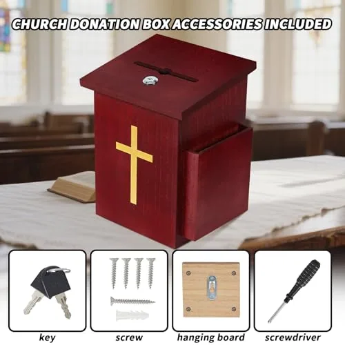 Amcortn Wood Offering Box with Lock and Cross view 6